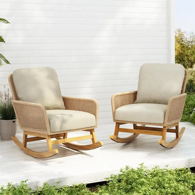 

Set of 2 Contemporary Minimalist Beige Wicker Rocking Chairs with Soft Cushions and Sturdy Wooden Frame for Indoor and Outdoor