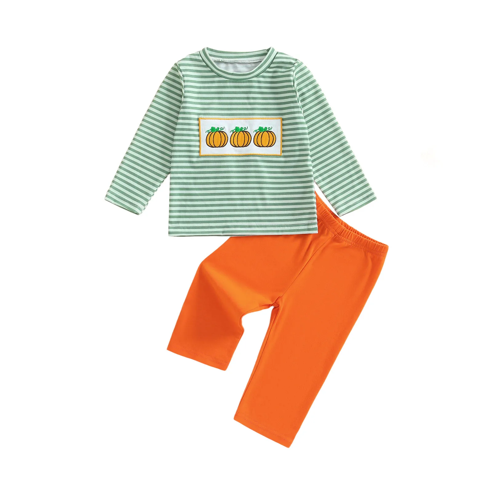 

Baby Girls Fall Outfit Long Sleeve Striped Pumpkin T-shirt with Pants Halloween Clothes