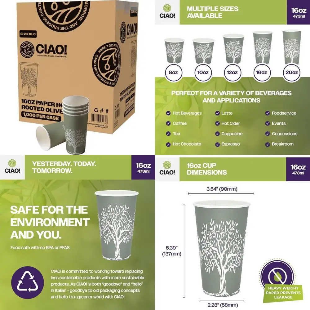 

16-Ounce Paper Hot Cups with Olive Root Design, Bulk Pack of 1000