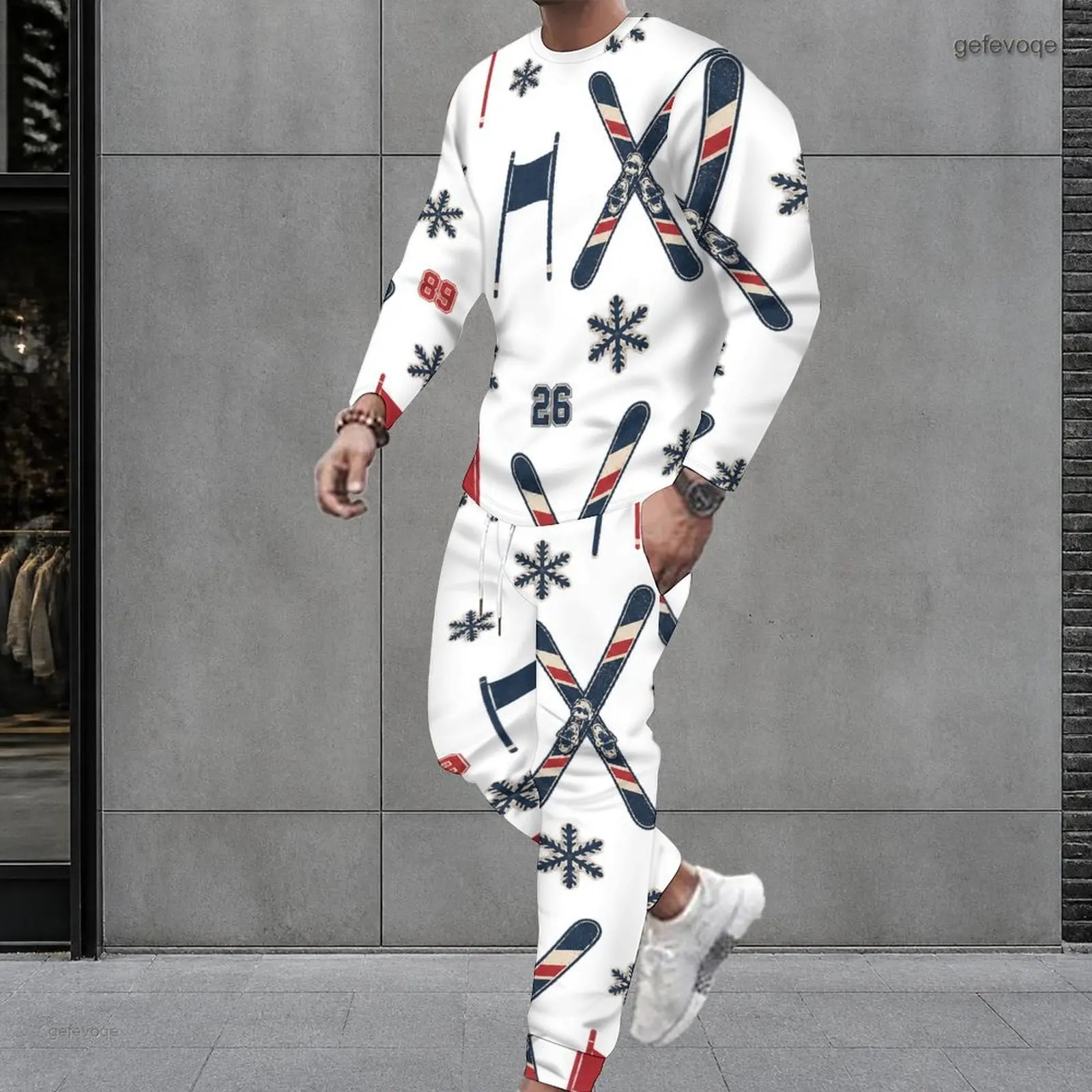 Men Printed Ski Snowflake Motif Round Neck Long Sleeve Top & Cuffed Pants 2 Piece Set