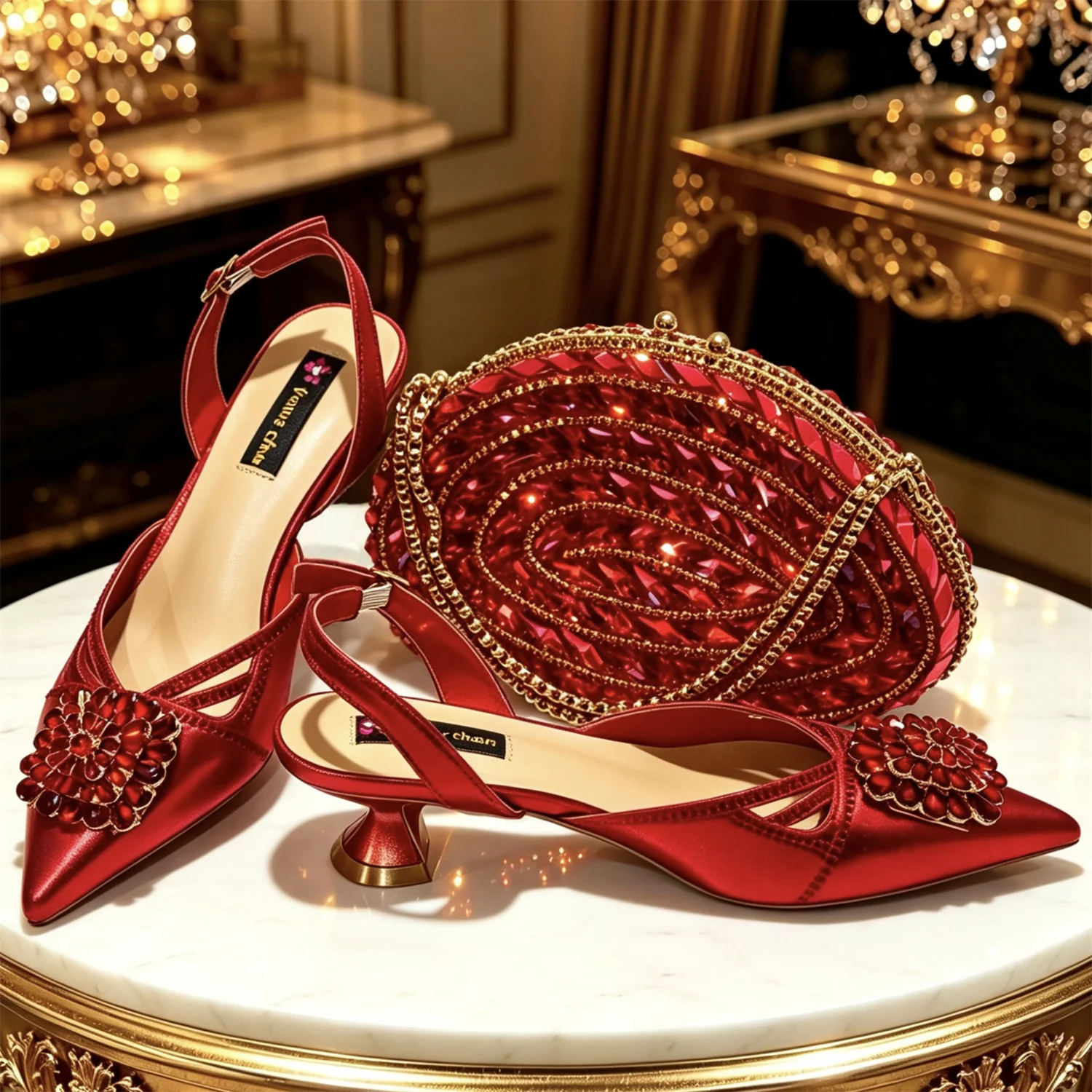 Shiny Red Color Shoes and Bag Elegant Handbags and Medium Heel Shoes Beautiful Handmade Shoes for Wedding Party
