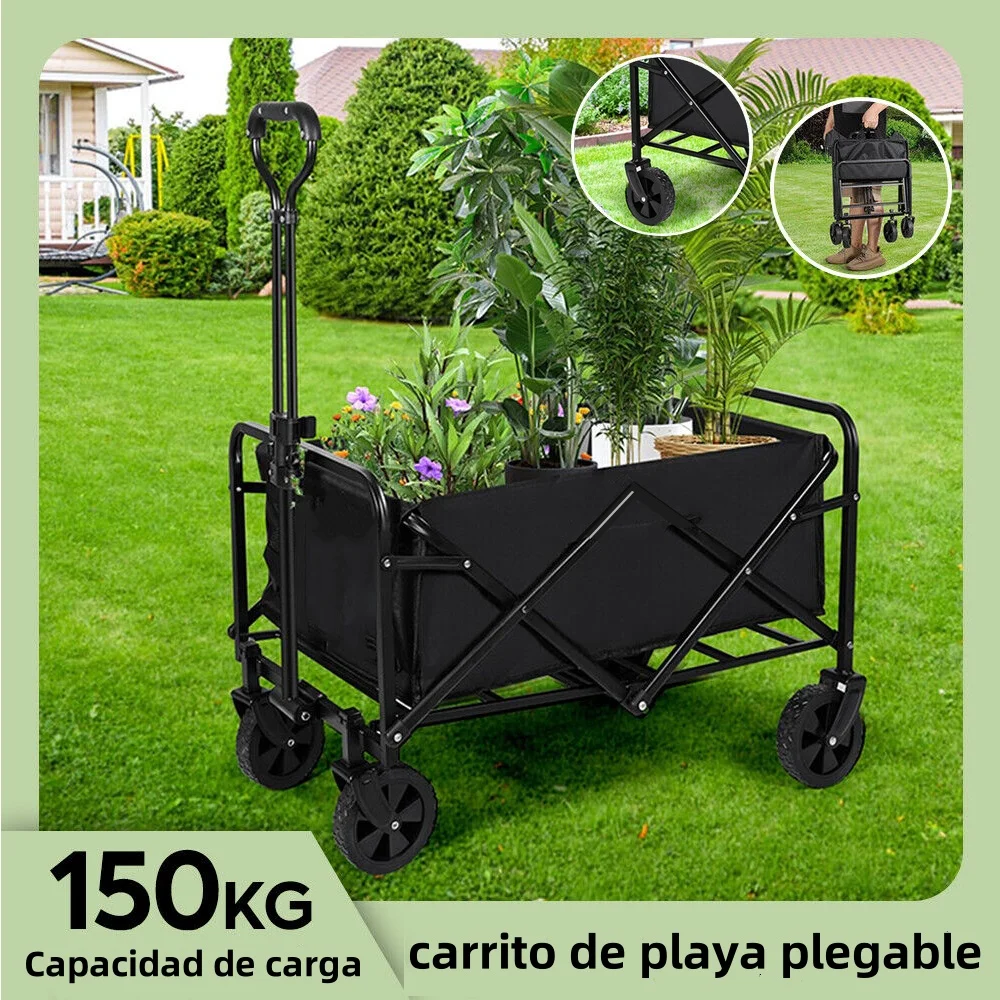 Beach Folding Cart with 4-Wheels Trolley Heavy Duty Camping Wagon Multifunction Garden Hand Cart Large Capacity Shopping Wagon