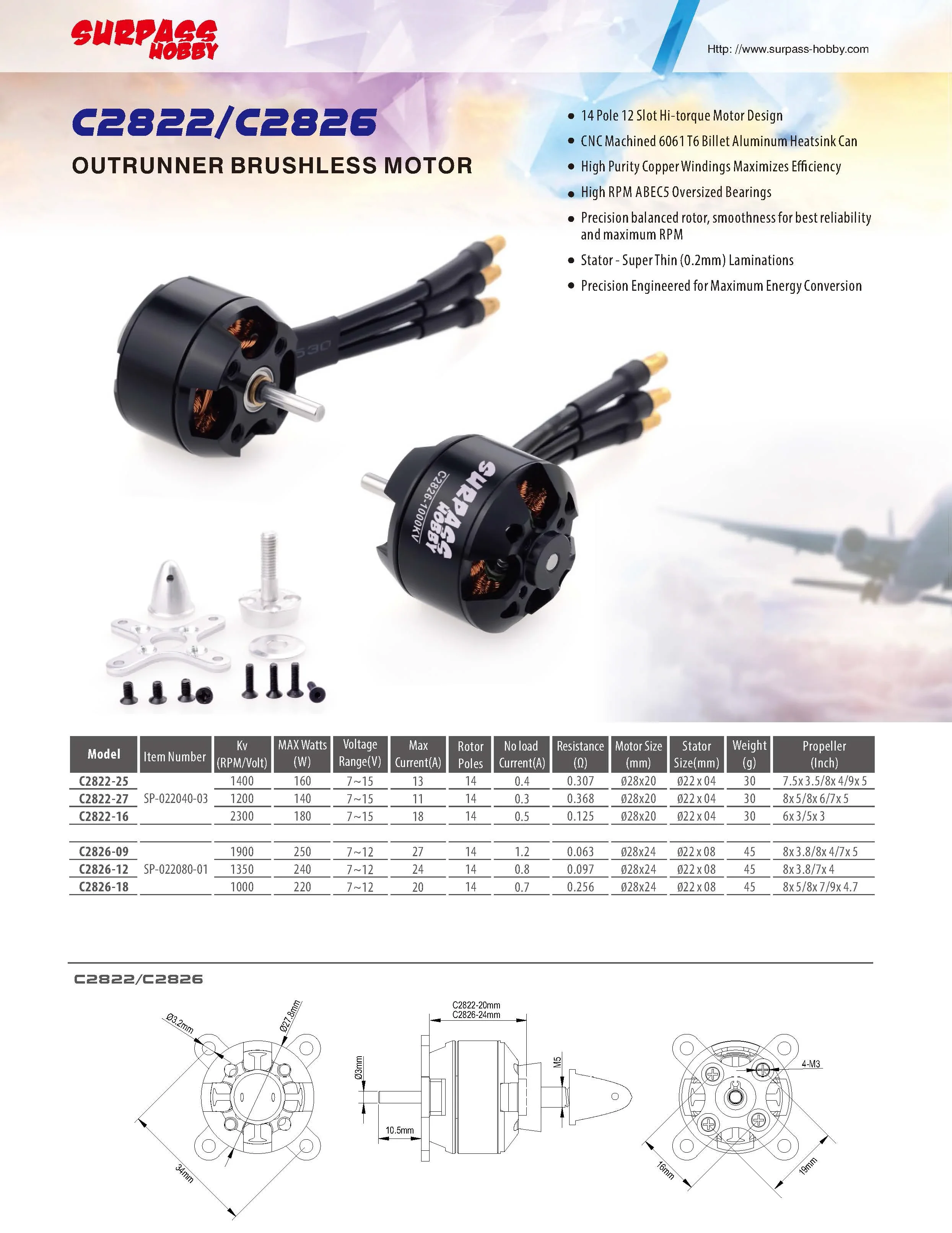 Surpass Hobby 2826 1000KV 1350KV 1900KV Brushless Motor and Hobbywing 30A V2 ESC for RC Fixed-wing Airplane FPV Racing Drone