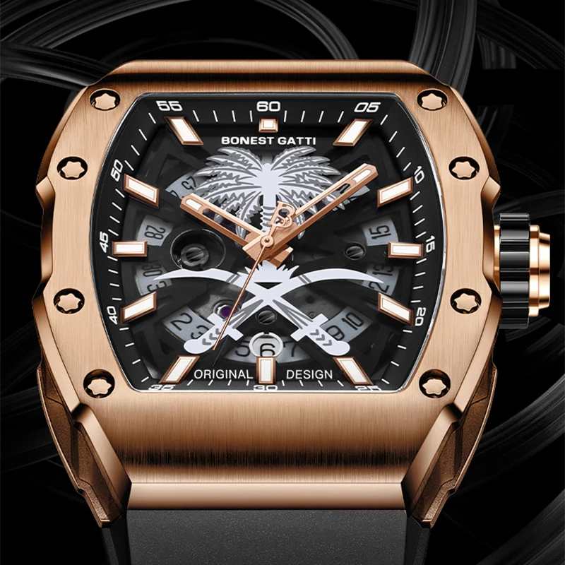 BONEST GATTI ドイツ製腕時計 メンズ 機械式 トノー型 自動巻き腕時計 ライトラグジュアリー ファッション - ココナッツグローブをテーマにした
