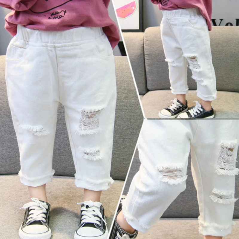 Girls White Ripped Jeans Children Summer Denim Pants Baby Denim Casual Pants 1-6 Years Old