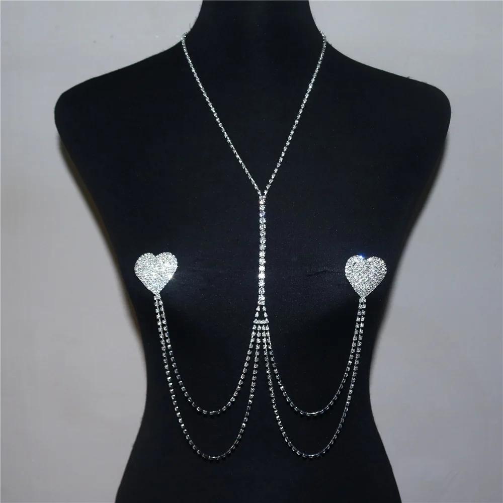 New Heart Chest Patch Nightclub Prom Belly Chain For Women Sexy Rhinestone Body Chain Jewelry