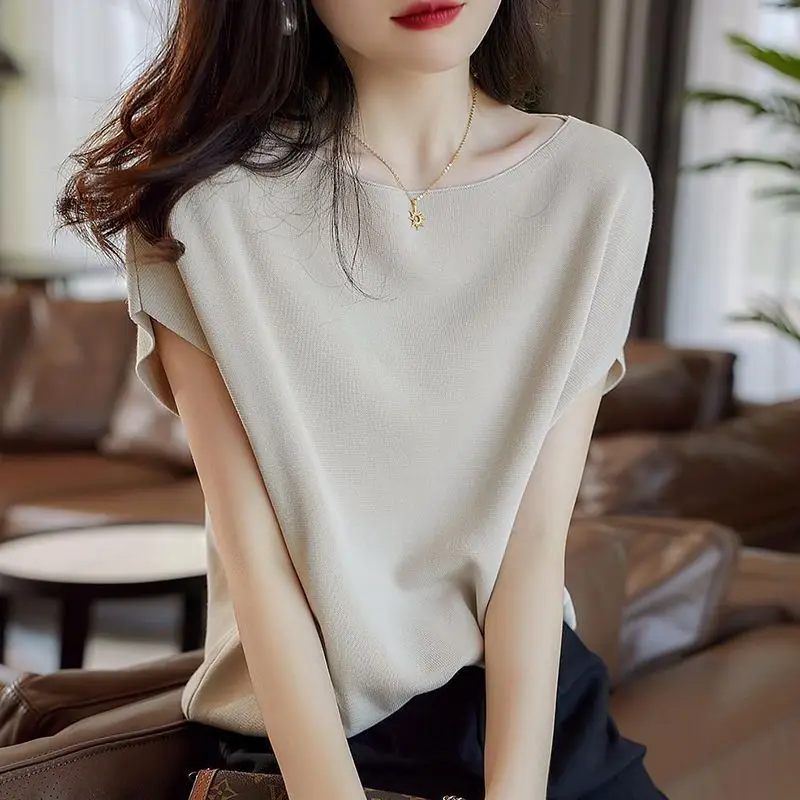 Temperament Summer One Line Neck Solid Color Women's Ice Silk Face Screw Thread Fashion Short Sleeve T-shirt Loose Knitting Tops