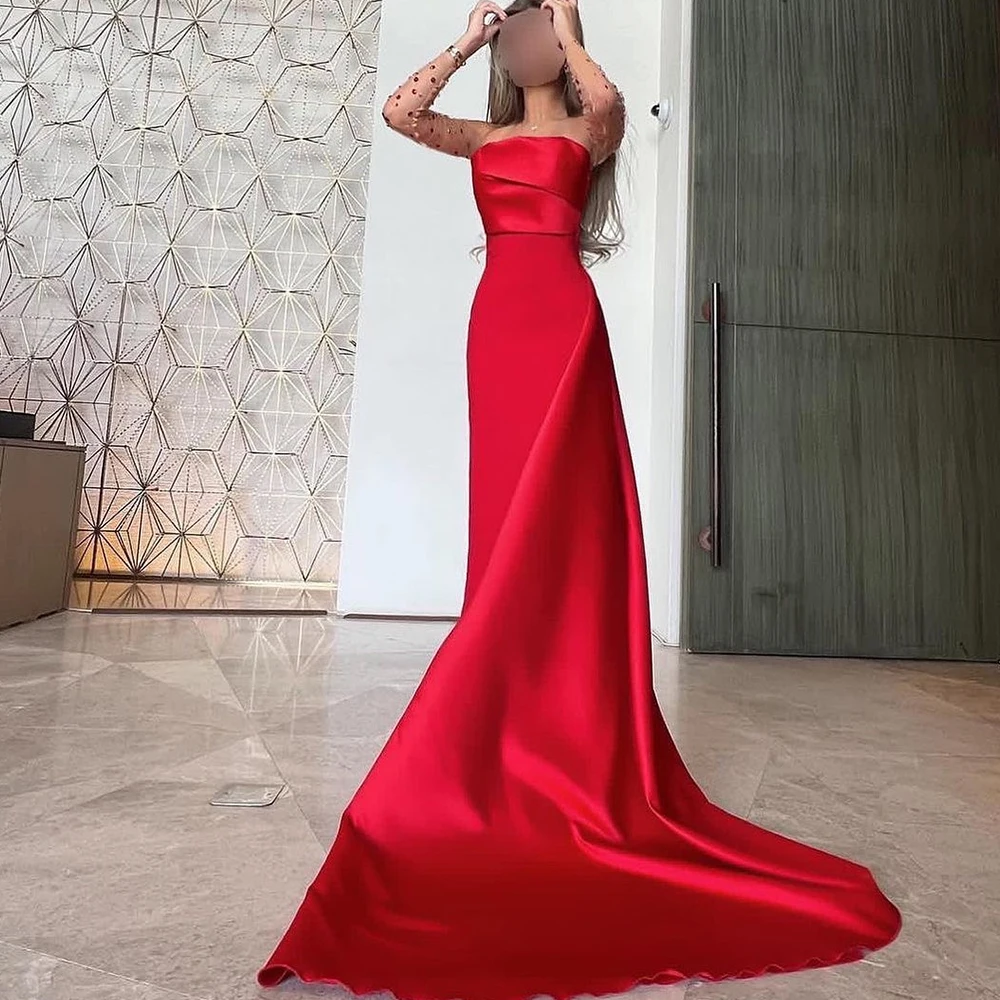 

Floor Length Straight Satin 3/4 Sleeves Detachable Sleeve Pleats Court Train Solid Red Dresses For Formal Occasions Classic 2024