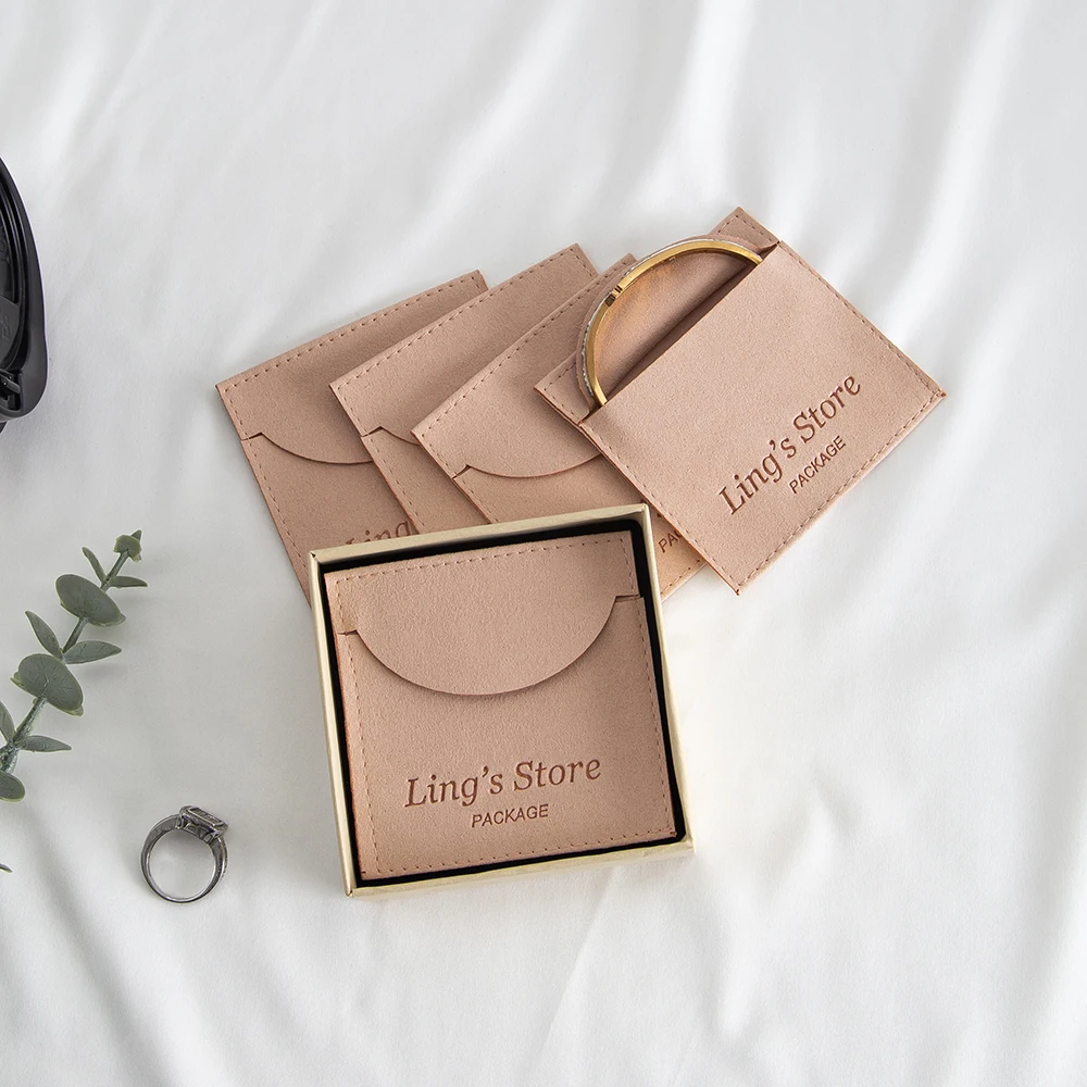 50Pcs Peach Custom Logo Microfiber Jewelry Bag Velvet Envelope Pouches with Smile Cover Bracelet Packaging Pocket Wedding Favors