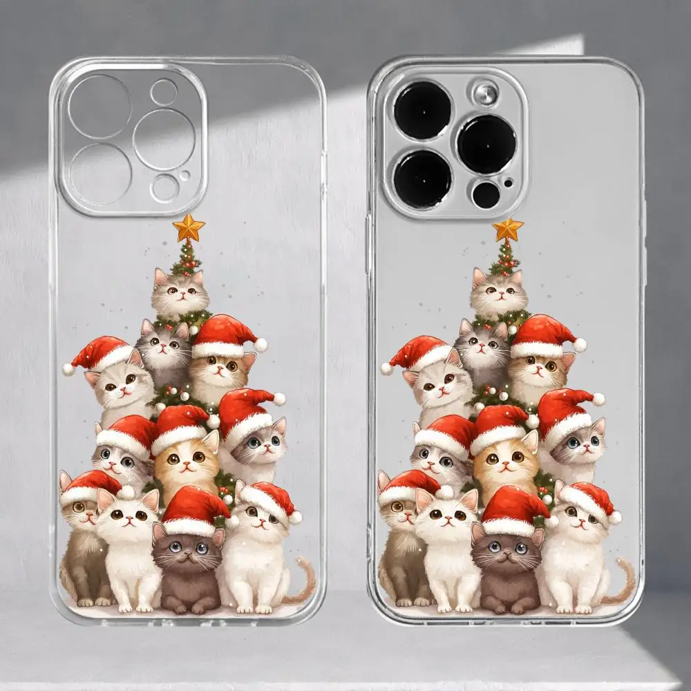 Funda de teléfono con diseño de gato navideño adecuada para iPhone 17 16 15 14 13 12 11 Pro/Max/Plus, funda trasera transparente anticaída y a prueba de golpes