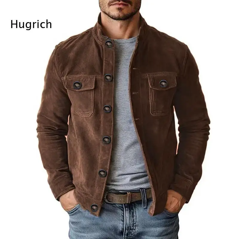 Men Stand Collar Button Down Faux Suede Jacket Long Sleeve Multi Pocket Vintage Casual Trucker Outerwear Coat