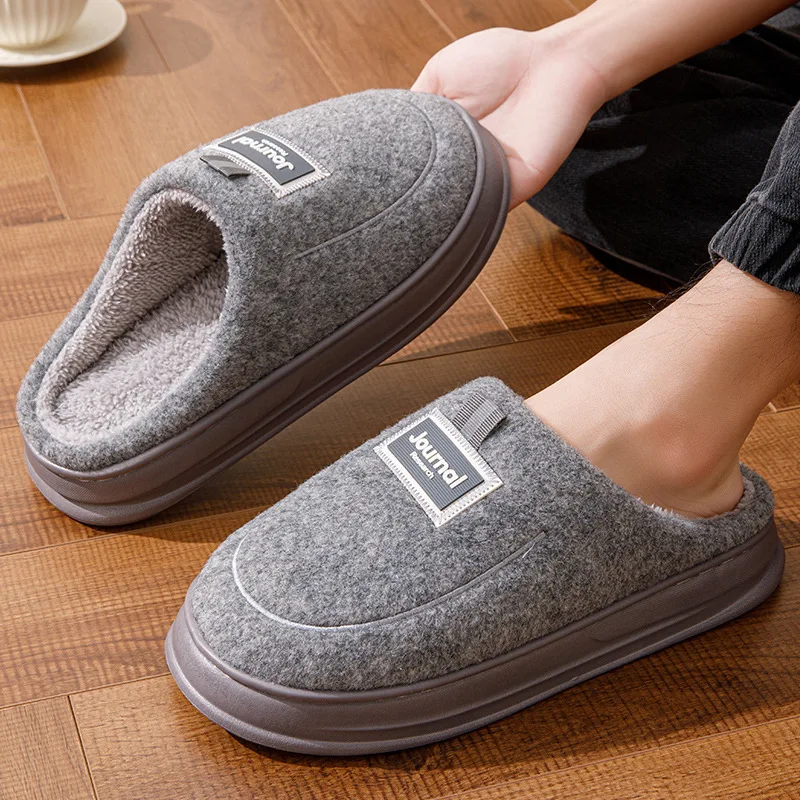 Big Size 50-51 Men Indoor Cotton Slippers Soft Plush Anti-slip Couples Winter Autumn House Shoes Male Home Floor Fluffy Slides