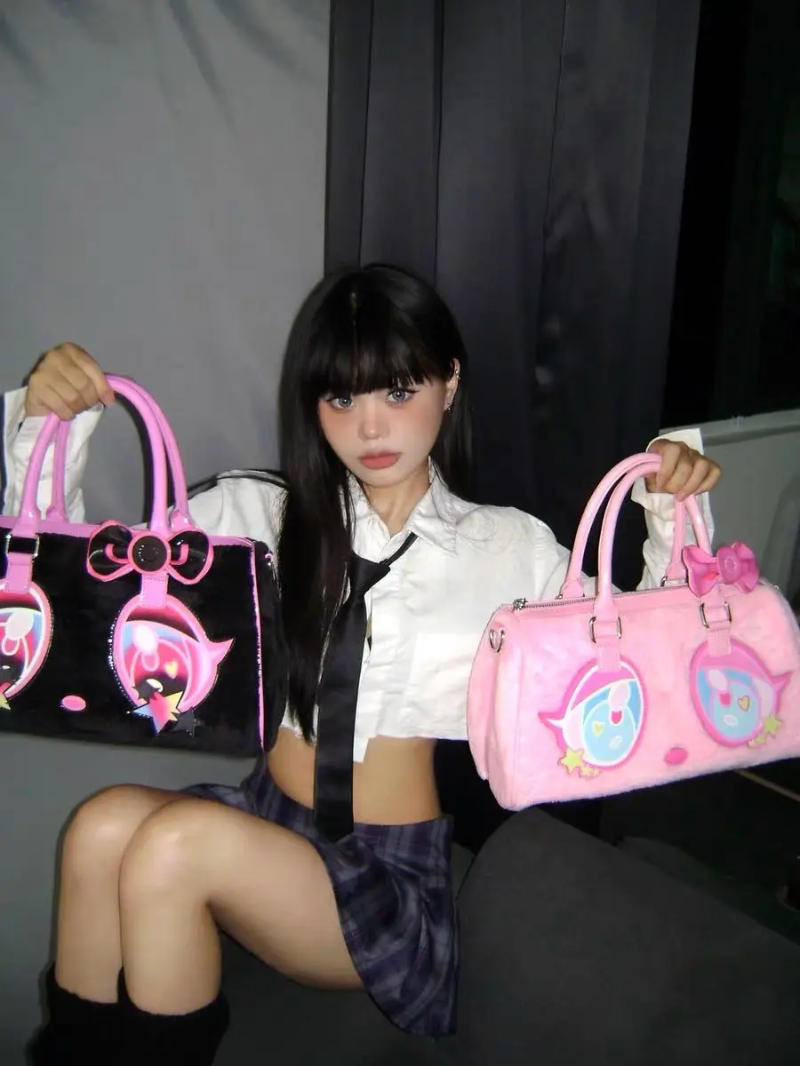 2025 جديد وصول الكرتون سعة كبيرة حقائب بيد حقائب اليد النسائية الفتيات أنيمي الكرتون أسود وردي اثنين كولو حمل حقيبة #5