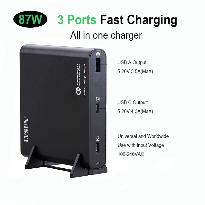 

For iPhone 11 3-Port Fast Charging Laptop Adapter USB Type C Charger 87W For IPhone 11Pro/11ProMax/12/12 Mini/13/XS PD Charger