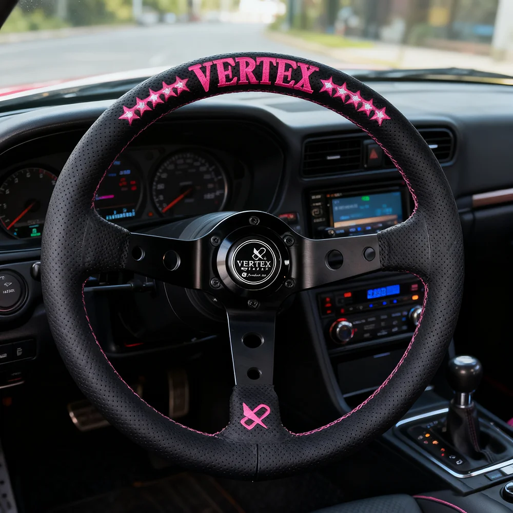 

VERTEX Innovations Reinforced 5mm Bracket Steering Wheel 320mm Black Leather Pink Embroidered Drifting Sport Auto Steering Wheel