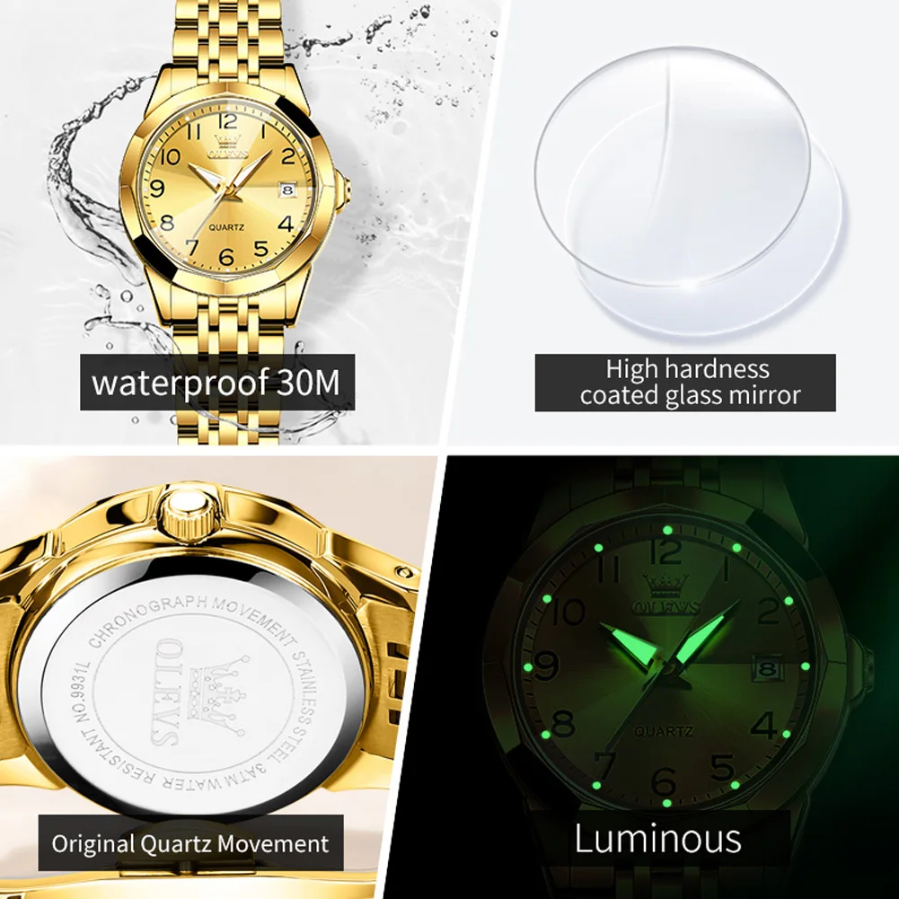 OLEVS-relojes de lujo de acero dorado para Mujer, relojes de cuarzo informales luminosos a la moda, resistentes al agua, Reloj de vestir, 2024