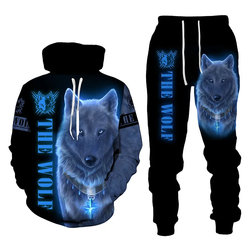 The Wolf King autunno inverno 3D stampato maglione con cappuccio da uomo Set abbigliamento sportivo da uomo tuta manica lunga tuta da uomo