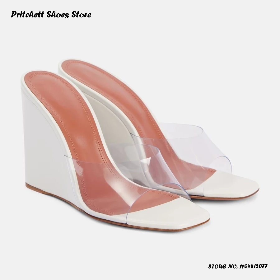 Women's Clear PVC and Leather Wedge Mules Elegant Square Open Toe Runway Shoes Summer Pull On Banquet Dress Modern Slippers