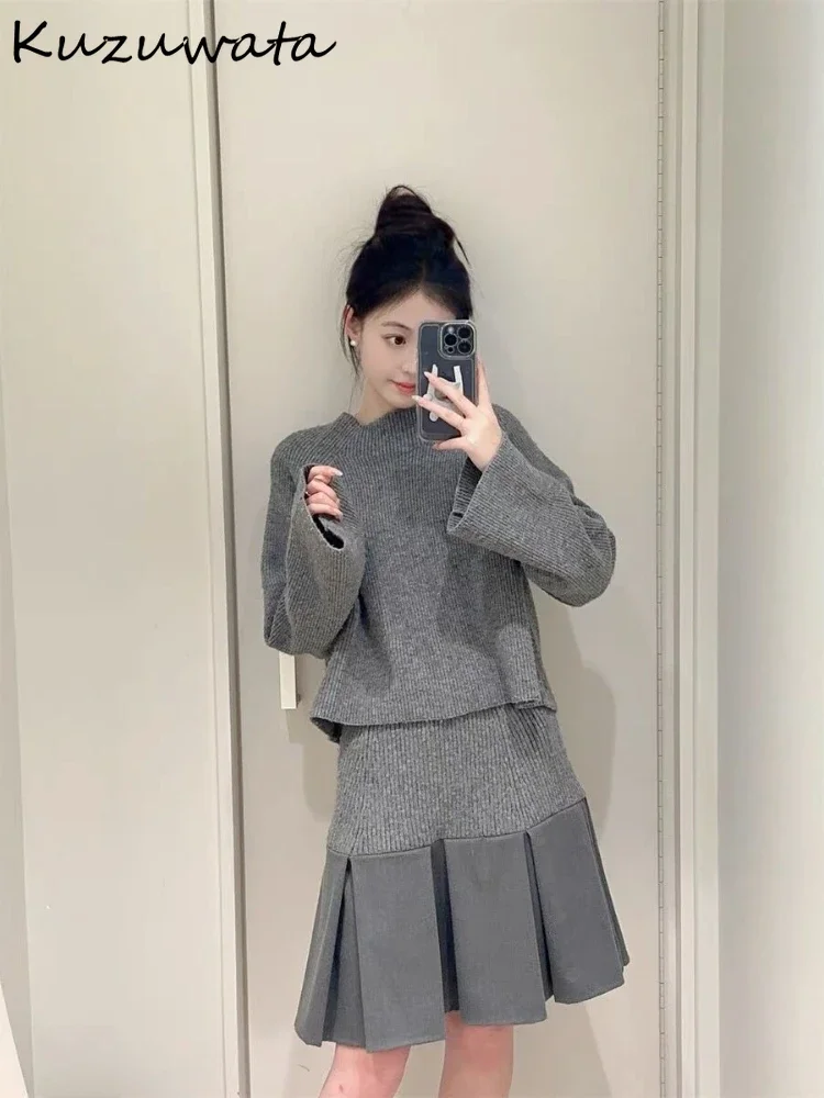 Kuzuwata Half-high Collar Long Sleeve Sweet Sets Pullovers+knit Patchwork Ruched Slim Fit Skirt Japan Moda Elegant Suits Faldas