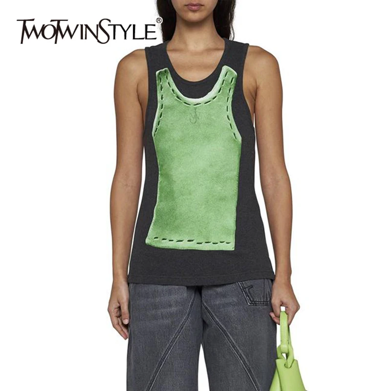 TWOTWINSTYLE Hit Color Printing Casual Vests For Women Round Neck Sleeveless Loose Designer Tank Tops Female Fashion Clothing