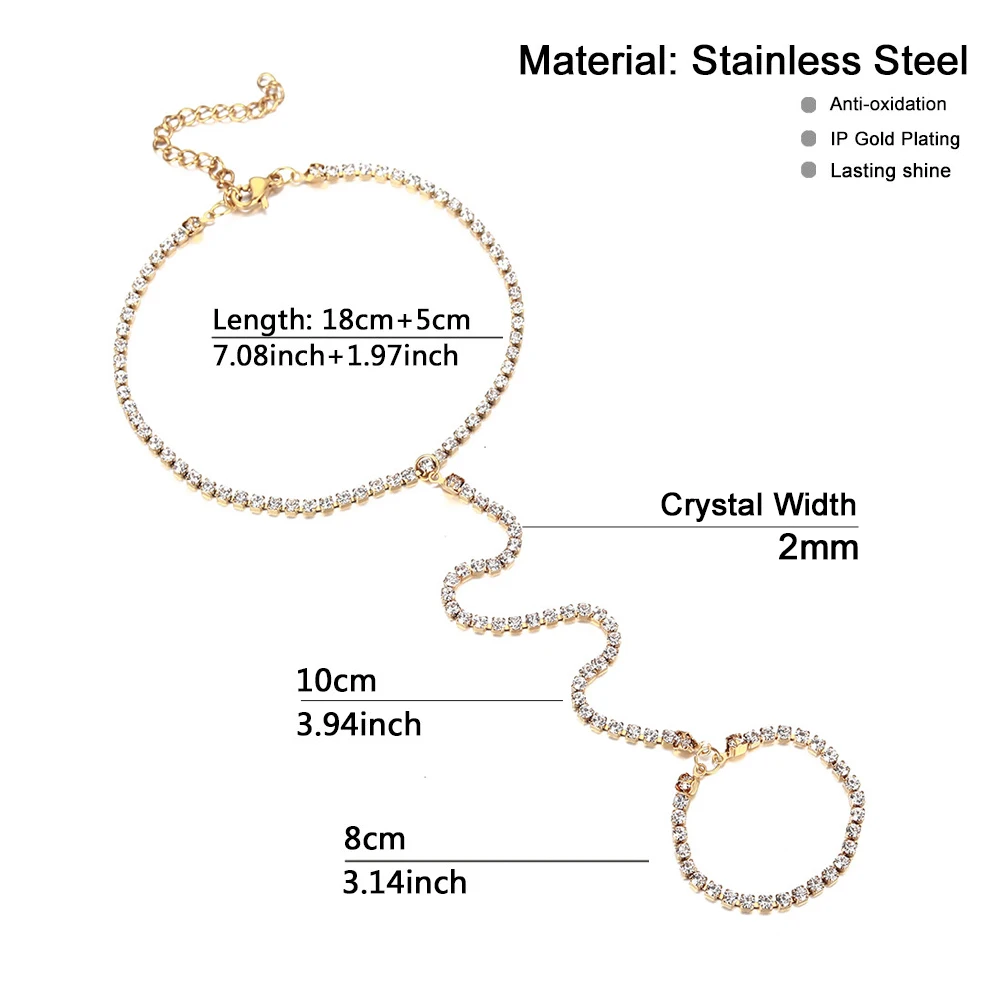 MinaMaMa Stainless Steel Rhinestone Crystal Chain Finger Bracelets For Women Fashion Crystal Slave Bracelets Jewelry Gifts