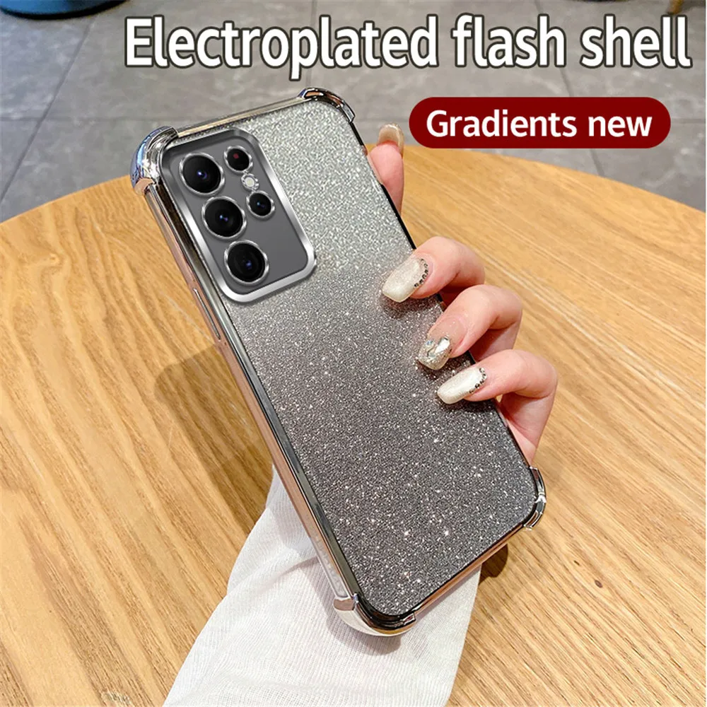 Gradient Glitter Plating Clear Phone Case For Samsung Galaxy S24 S23 S22 Plus Ultra S20FE S21FE Note 20 Ultra Shockproof Cover image 3