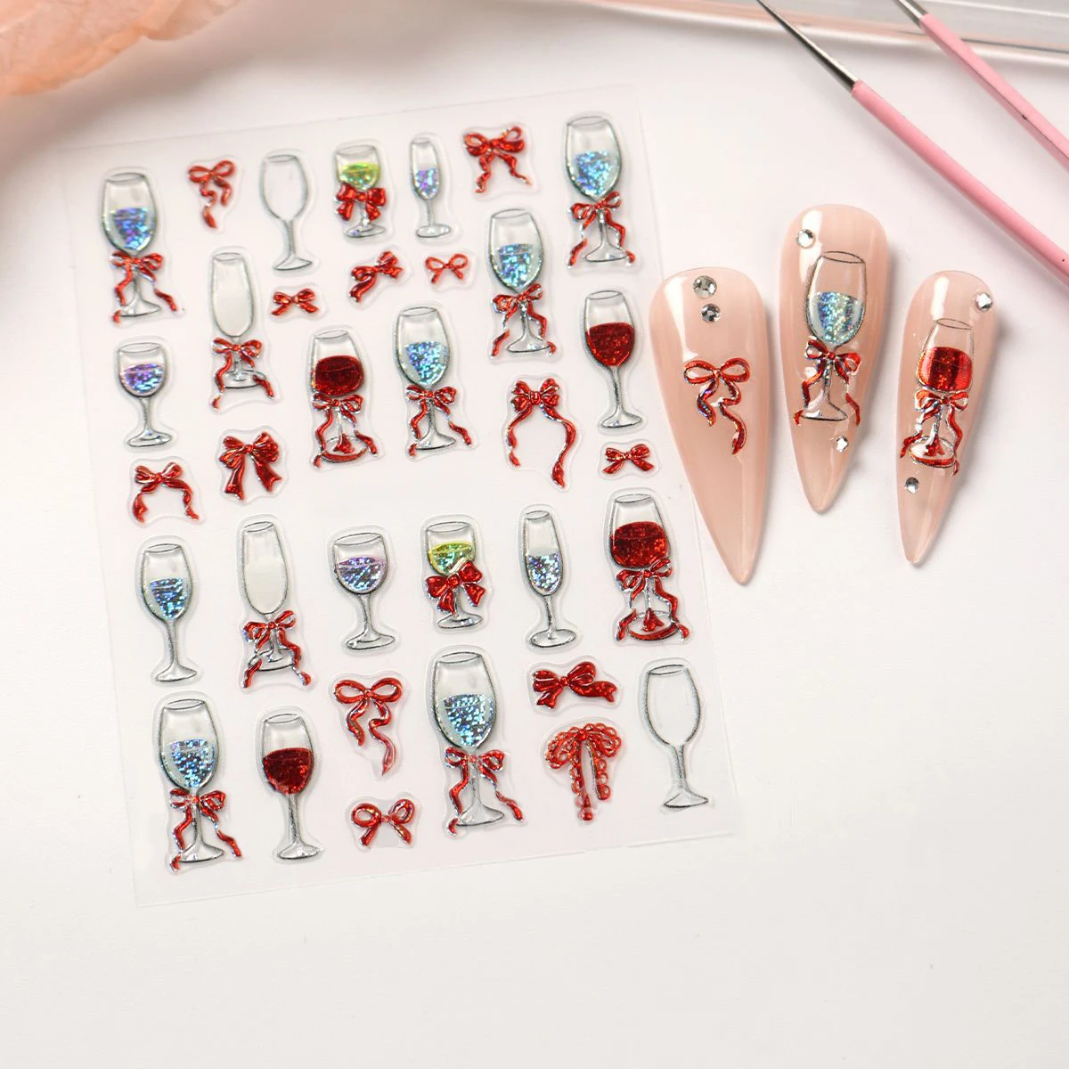 สติกเกอร์ติดเล็บลายโบว์สีแดงประกาย 5D สไตล์โรแมนติก แชมเปญ แก้วไวน์ สำหรับตกแต่งเล็บปีใหม่และวันวาเลนไทน์
