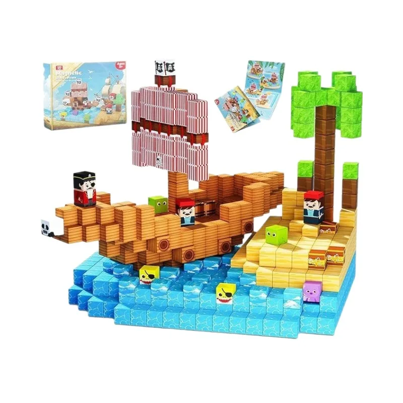 100ピース 子供向け漫画ビルディングブロック 海賊船ワールドセット クリエイティブ学習感覚玩具 教育用磁気キューブブロック
