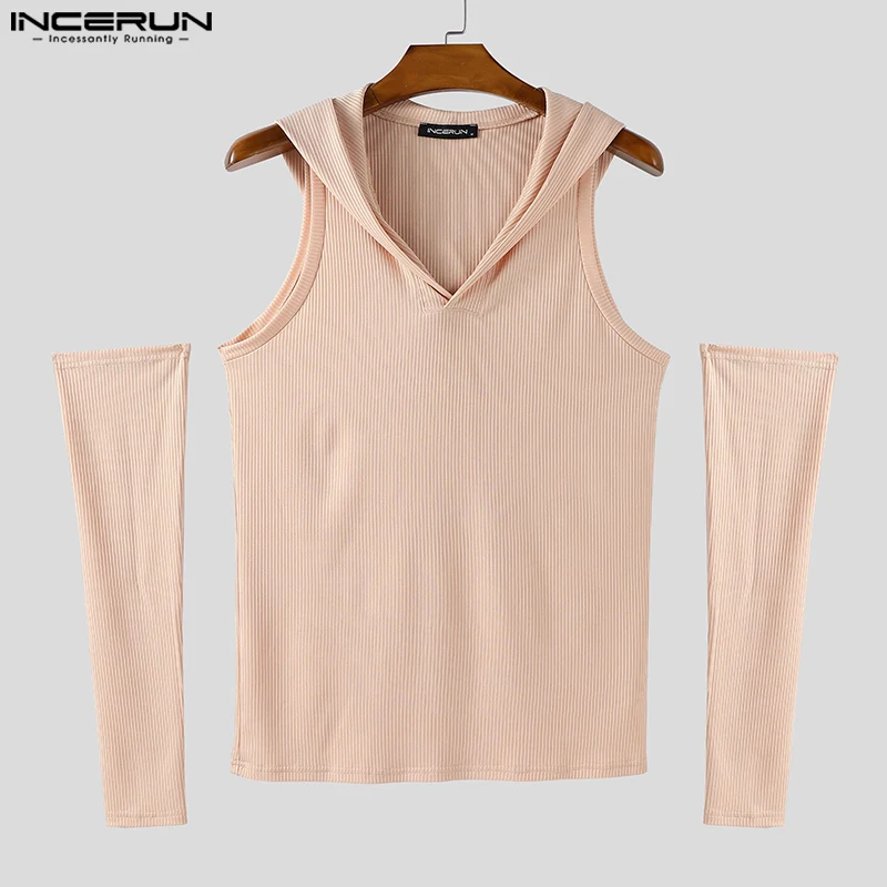 

INCERUN Men T Shirt Solid Color Knitted Hooded Long Sleeve Off Shoulder Men Tee Tops Streetwear 2025 Fashion Casual Men Clothing