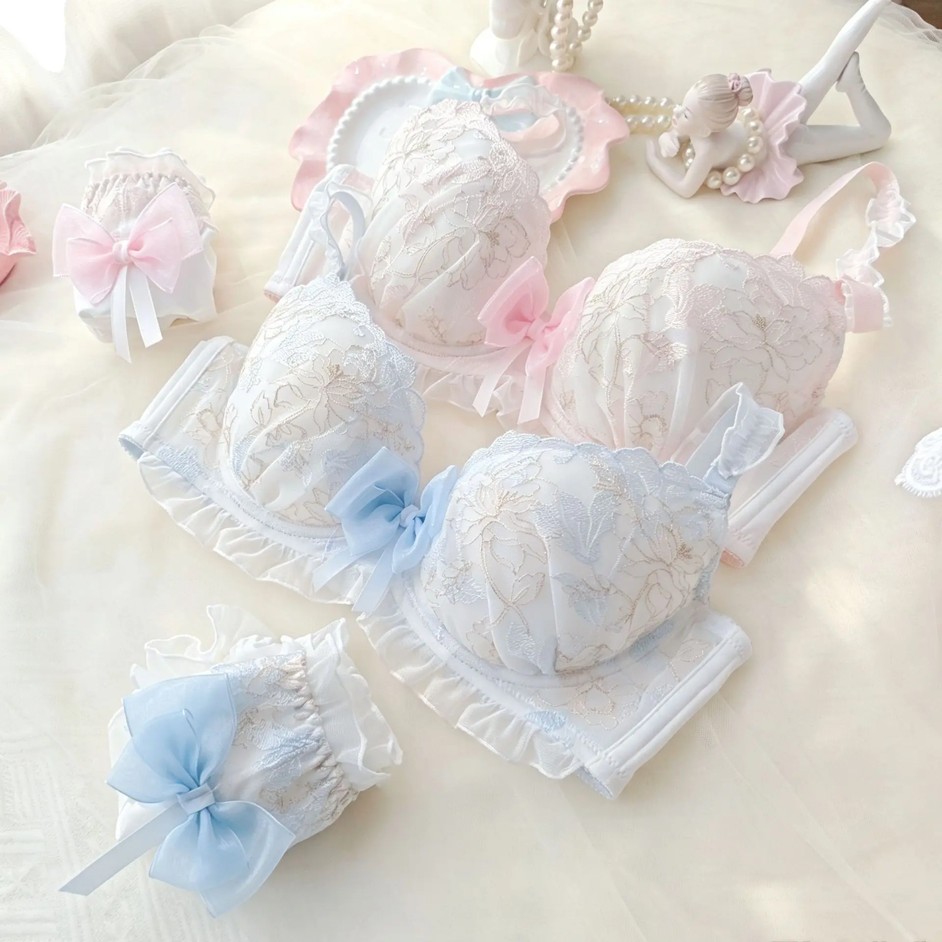 Japanese fresh embroidery thin cup college style student girl cute gathering sexy underwear bra set