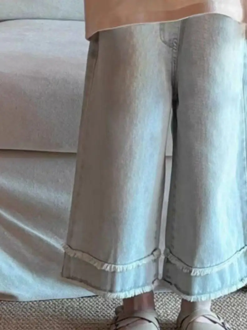 Calças Jeans Infantis de Perna Larga ias para Primavera/Outono, Cores Claras, Bainha Desfiada, Fibra de Poliéster, Moda In...