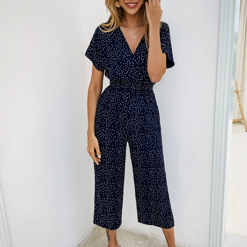 

2026 Spring/summer New Item In Stock Women's Fashionable Casual Printed V-Neck Pocket Women's Jumpsuit