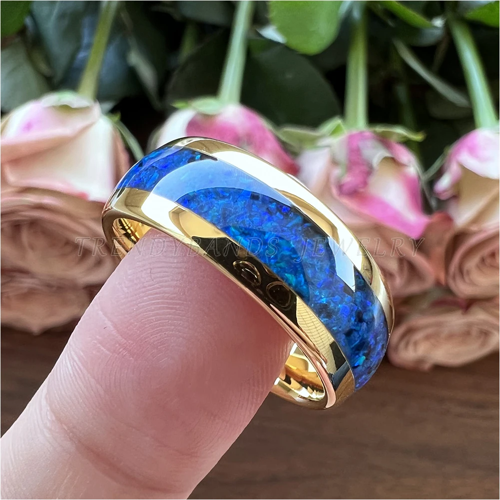 6 mm 8 mm Ringe für Männer und Frauen, Wolfram-Ehering, Modeschmuck, blaue Opal-Inlay, gewölbt, poliert, glänzend, bequeme Passform – Detail 14