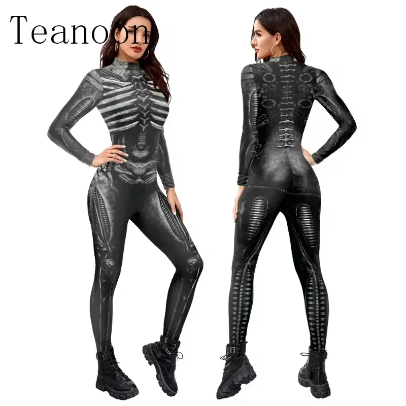 Halloween Skeleton Costume Bodysuit 3D Stretch Skinny Jumpsuit Womens Rompers Party Zentai Outfit Catsuit