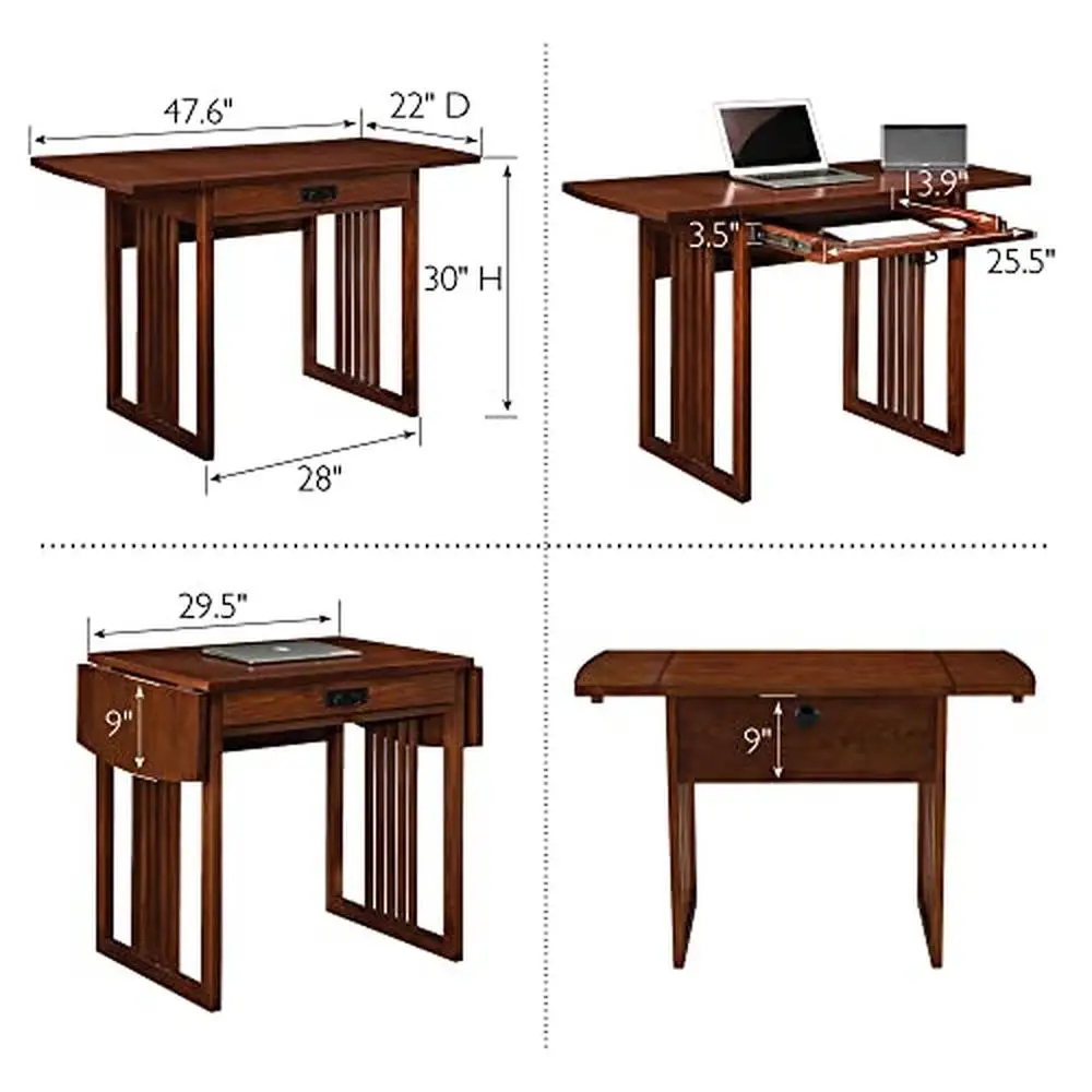Mission Oak Drop Leaf Folding Writing Computer Desk Solid Wood Home Office Workstation Authentic Design Easy Assembly Compact