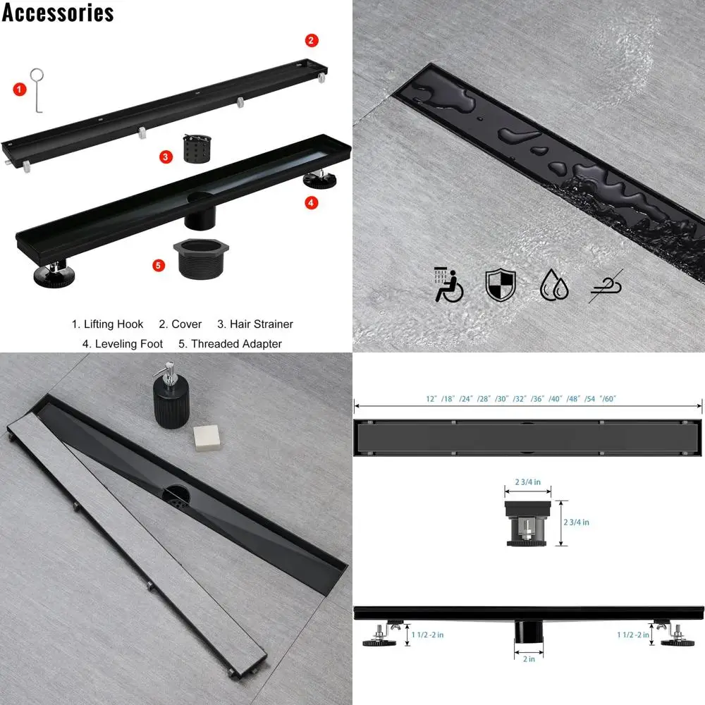 

40 Black Linear Shower Drain with Flat & Tile Insert, 304 Stainless Steel, Hair Strainer, Leveling Feet