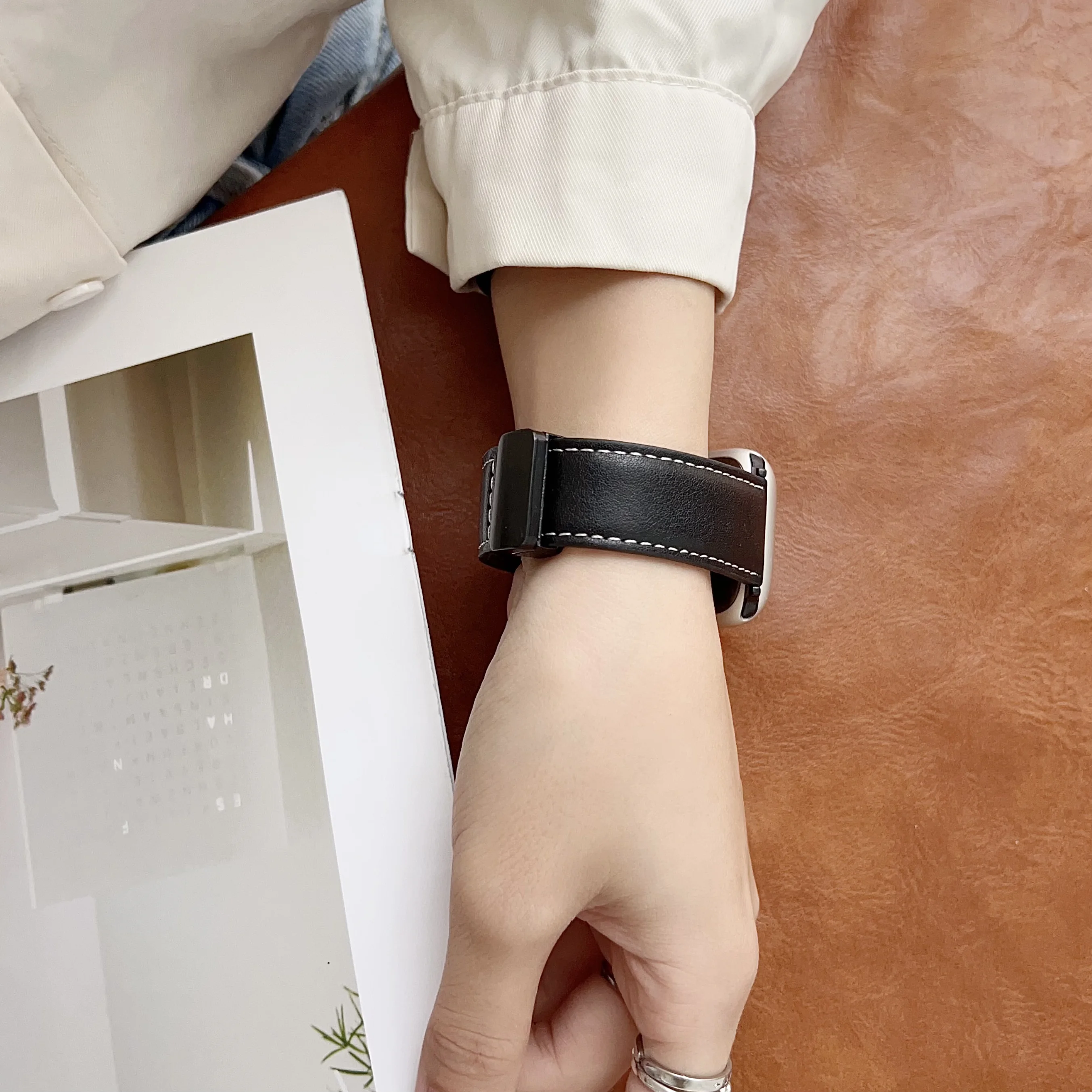 Soft Magnetic-Clasp Double-Sided Napa-Leather Watch Band Compatible with Apple Watch 6/7/8/9/S10
