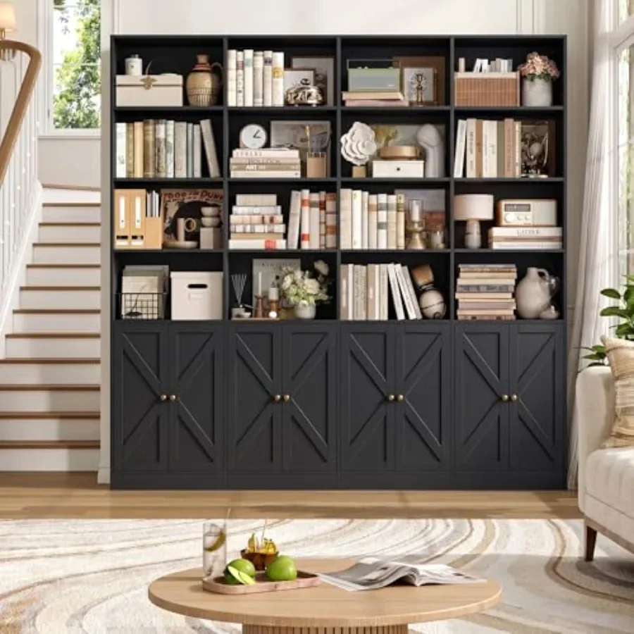 72.8 Large Bookshelf for Living Room, Solid Wood Farmhouse Bookshelf with 8 Doors, White Finish, Rustic Charm and Ample Storage