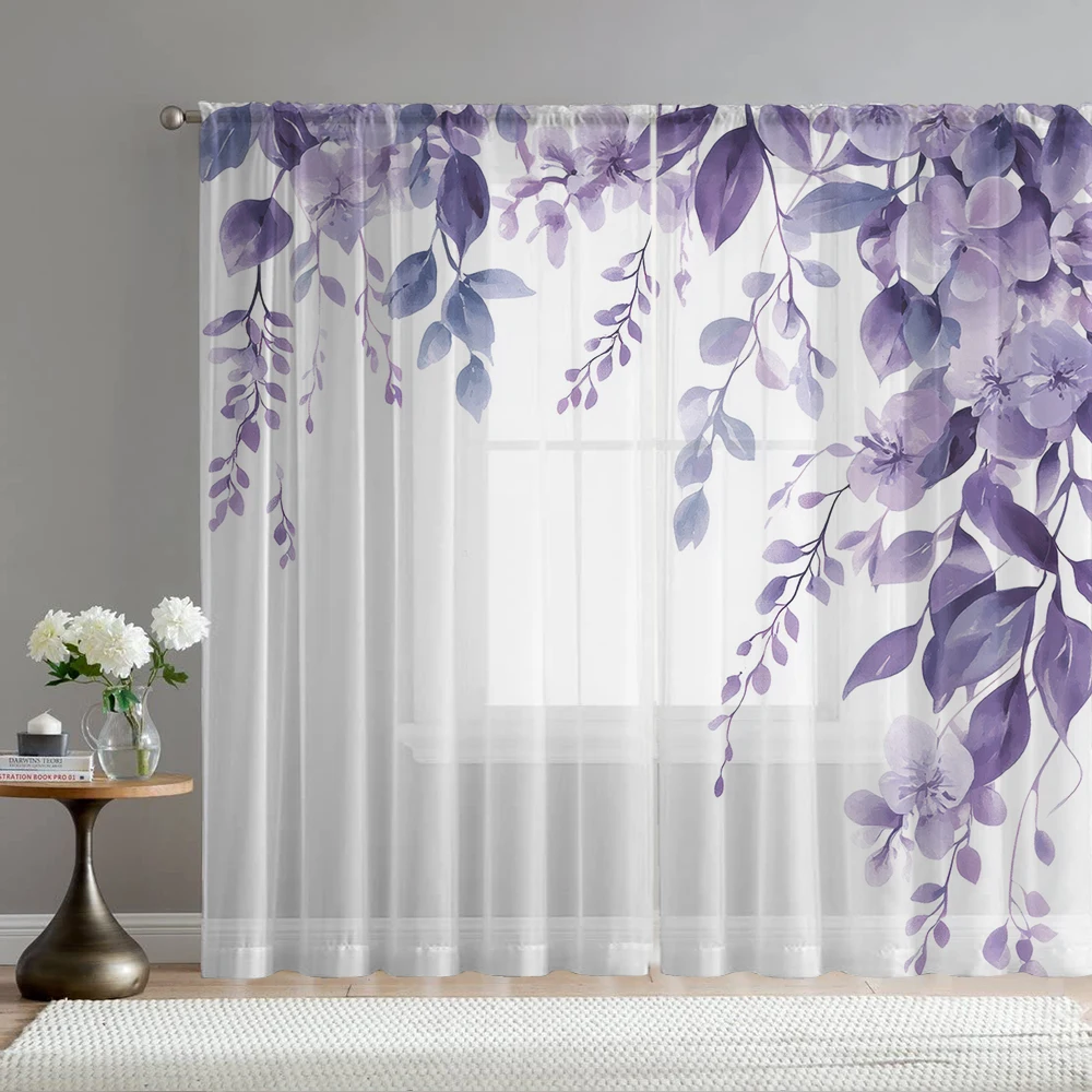 

2PCS Home decoration purple leaf printed window screens with pole bags, suitable for kitchens, cafes, and living rooms