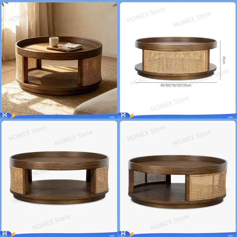 Modern Round Black Walnut Coffee Table Natural Rattan Side Design Durable Eco Friendly Luxury Living Room Furniture