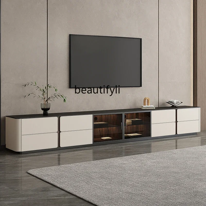 

T Italian minimalist super long rock slab TV cabinet coffee table combination living room household floor TV cabinet