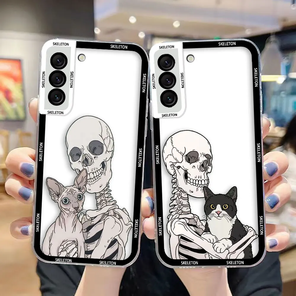 Clear Phone Case For Samsung A73 A72 A71 A57 A56 A55 A54 A53 A52 A51 A36 A35 A32 A26 A23 A22 Cover Terrified Skull headed Cat