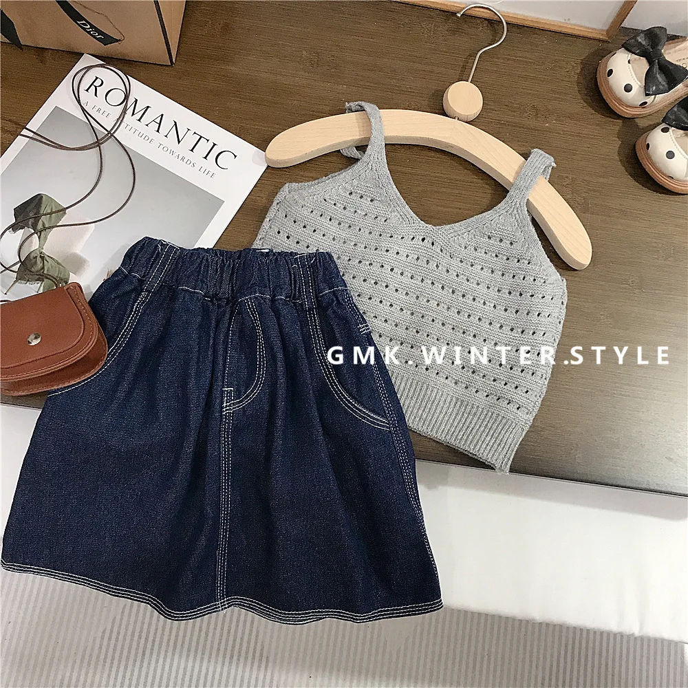 Spring and Summer New Girls Casual Knitted Vest Children Embossed Denim Half Skirt Europe and America Girls Baby Clothes
