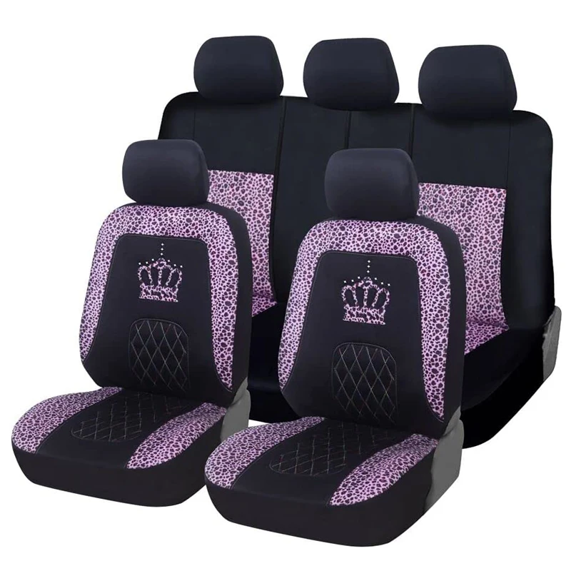 Leopard Print Car Seat Covers,Queen Crown Print Front Bucket Seat Cover,Rear Seat 3-Seater,For Women Universal Fit 99% Cars