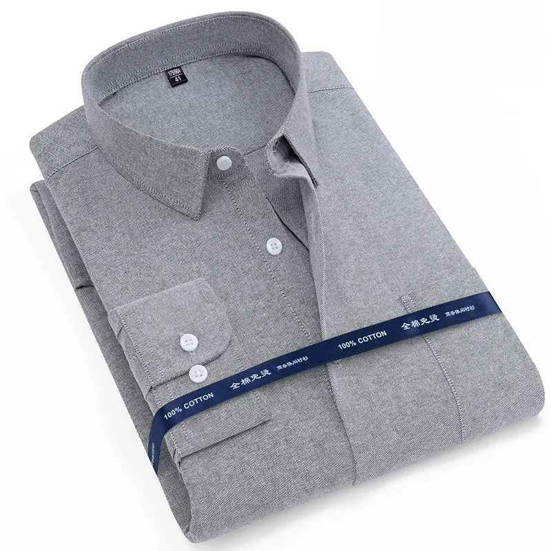 Men\'s Shirt Long sleeved Spring Autumn Oxford 100%Cotton Shirts Comfortable Breathable Business Casual Stripe Solid Color S-8XL