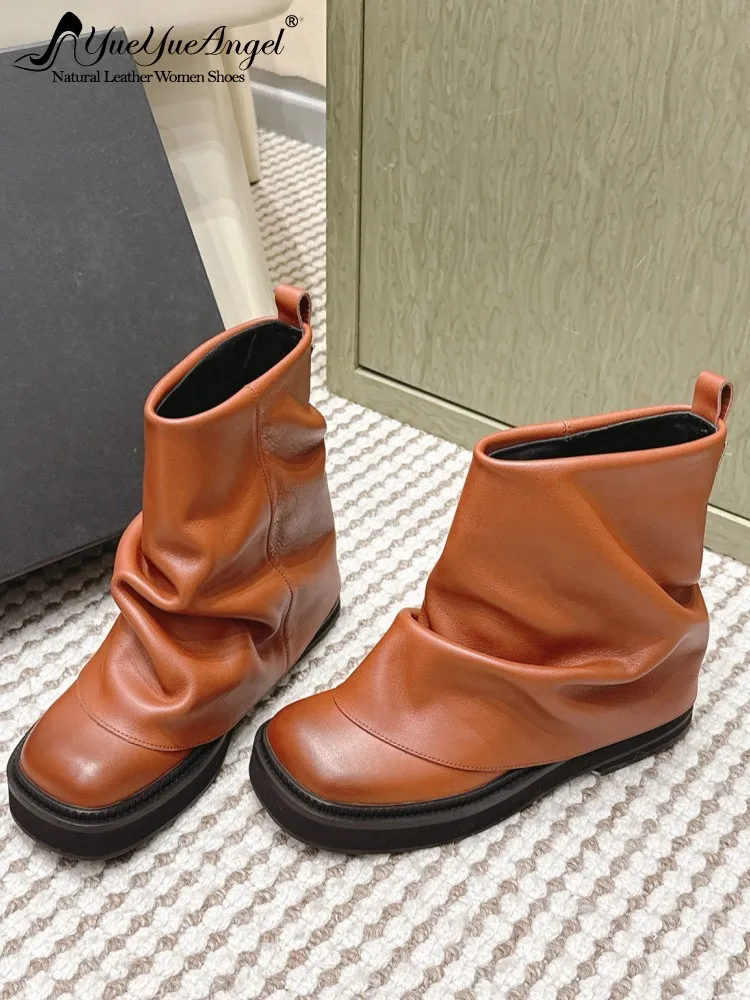 

Модные женские ботильоны без шнуровки на толстой платформе, удобные современные ботинки из натуральной кожи с высоким берцем и круглым носком, винтажная повседневная обувь