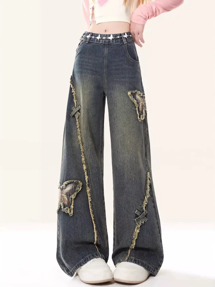 Summer Sweet Y2k Zipper Butterfly Appliques Loose All Match High Waist Long All Match Jeans