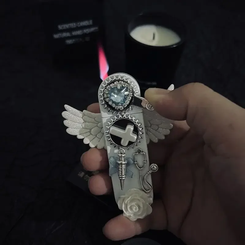 New Angel Wings Pure White Inflatable Lighter Windproof Jet Flame Holy Pink Flame Lighter Cigarette Accessories Girl Gift