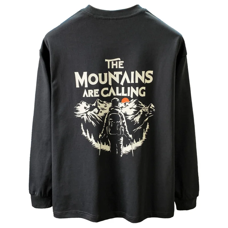 قميص أسود مطبوع بأكمام طويلة للرجال، قميص خريف 2025 عصري ومتعدد الاستخدامات، هوديي فضفاض كبير برقبة دائرية