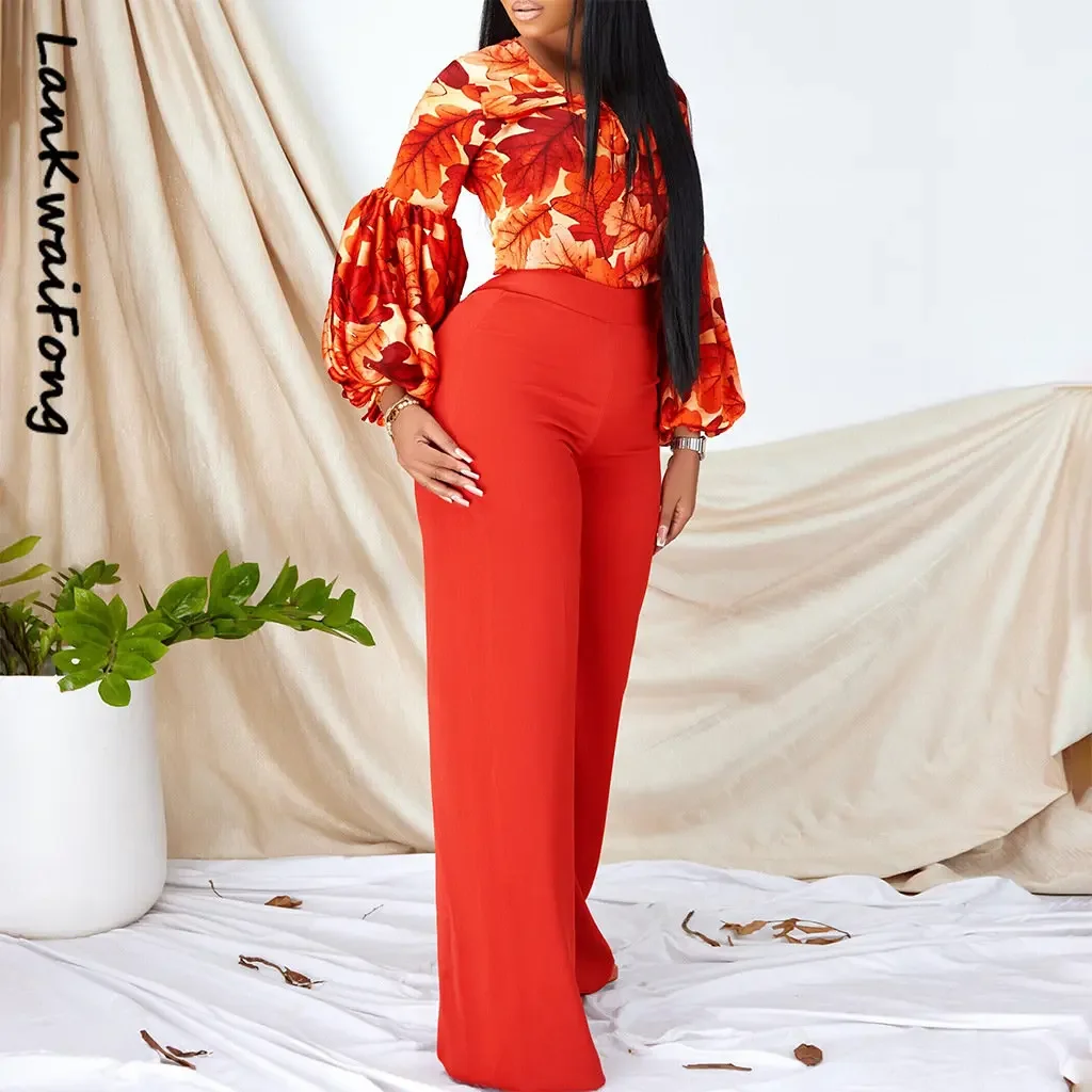 

. New Fashion Trouser Set Printing Commuter Temperament Strap Top Wide-leg Pants Two-piece Set Female